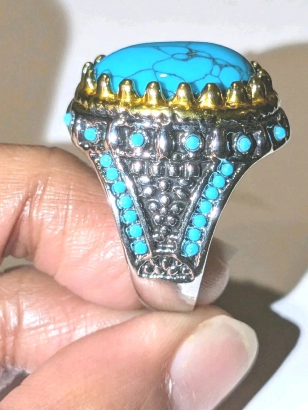 Retro Punk Style Ring Simulated Turquoise Two Tone Polished Statement Band Ring
